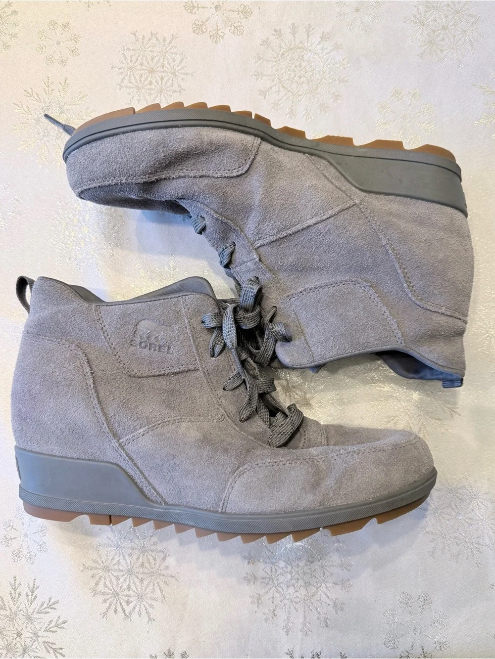Sorel Womens Evie Sport Lace wedge ankle booties NL3817-053 Quarry Grey Suede 11